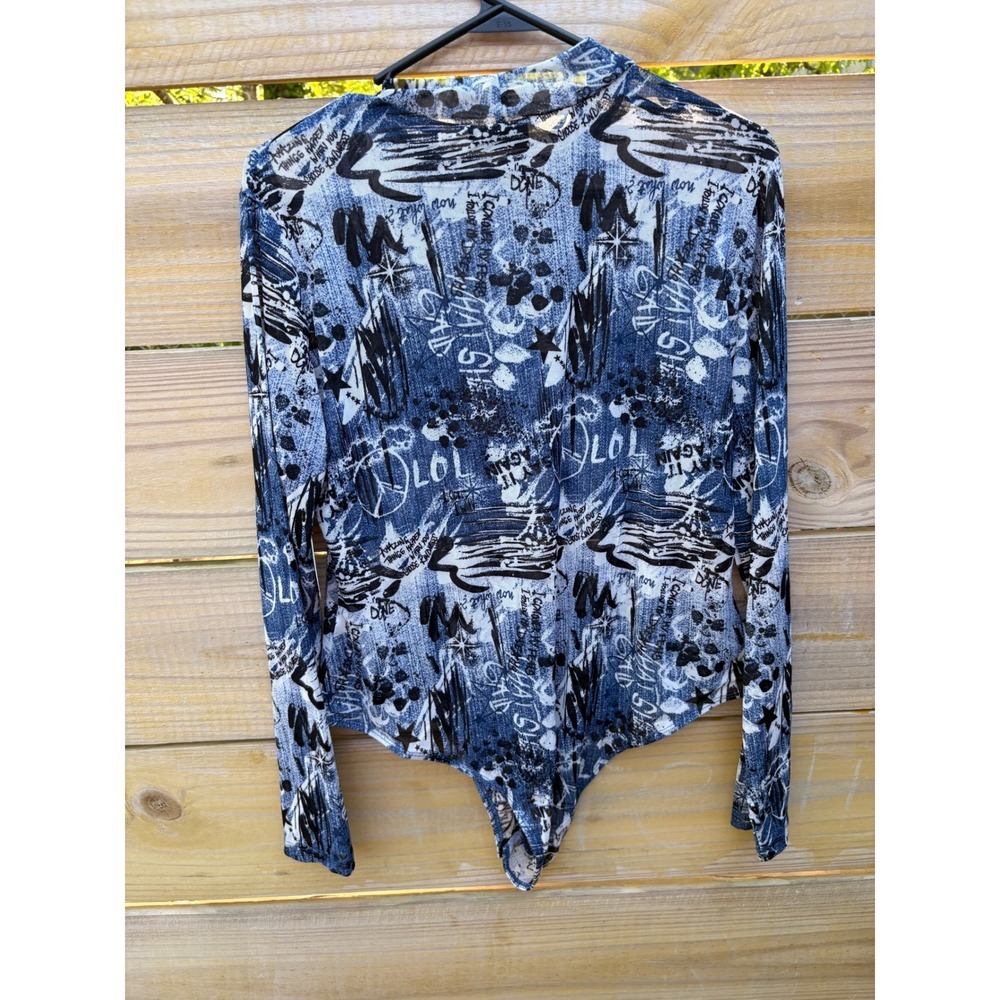 Jolie & Joy Womens 2X Blue Denim Print Graffiti Mesh Mock Neck Long Bodysuit NEW - Picture 6 of 6